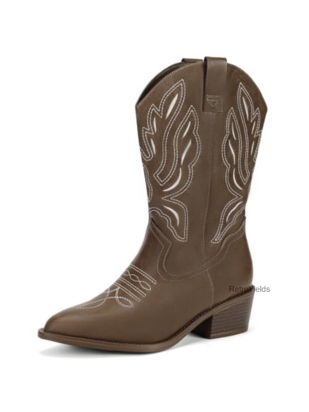 Wide Calf Cowboy Boots Pointed Toe 2-Inch Block Heel Faux Leather Western Boots